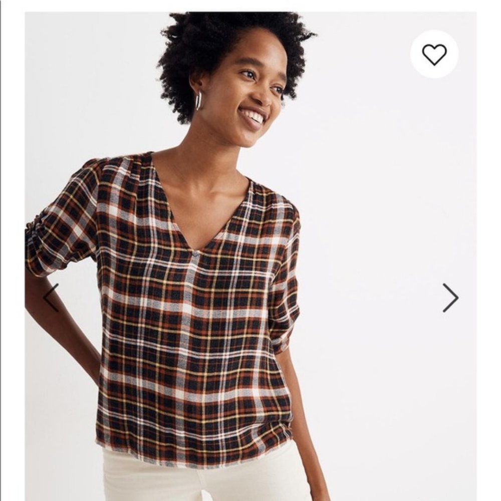 NWT Madewell Plaid Cinch Sleeve Top